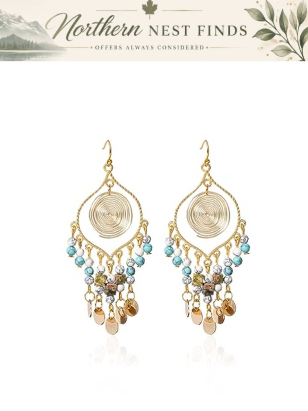 Bohemian Long Tassel Turquoise Beads Water Drop Dangle Earrings Copper Coil